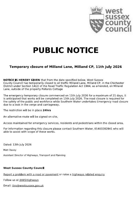 Milland Lane Road Closure Update 