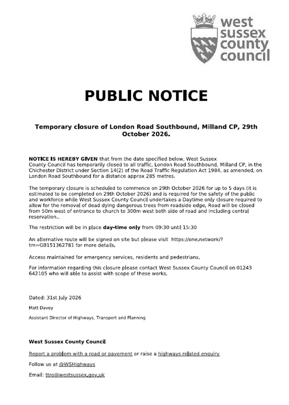 London Road Closure Oct 26
